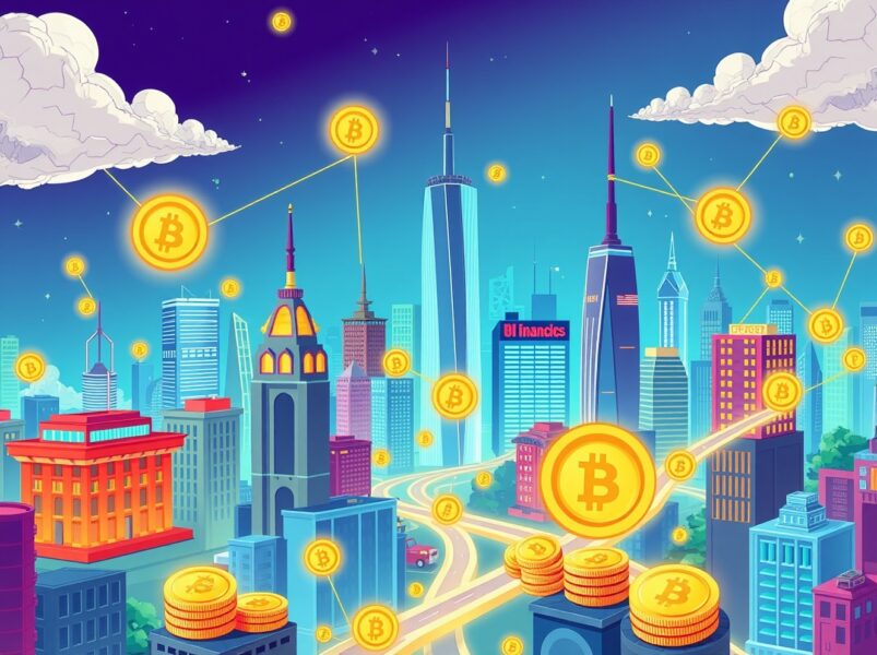 A vibrant illustration showing accelerated Bitcoin adoption bridging traditional finance and digital economy.