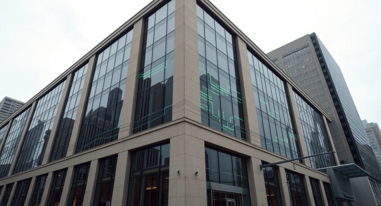 Modern financial institution building with subtle digital data stream reflections, representing institutional crypto activity.