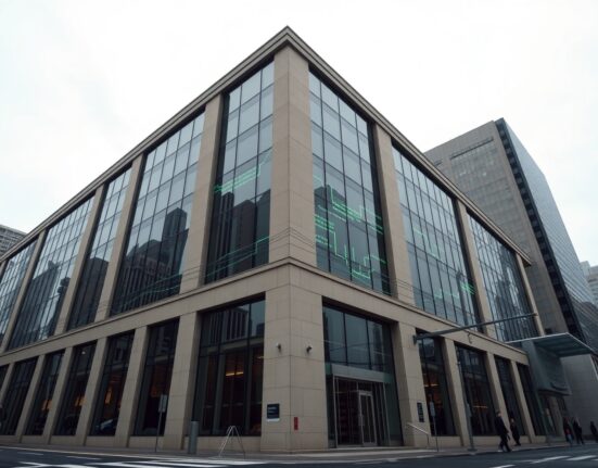 Modern financial institution building with subtle digital data stream reflections, representing institutional crypto activity.