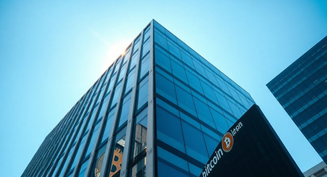 Modern financial office building with subtle Bitcoin reflection, representing BlackRock's crypto operations