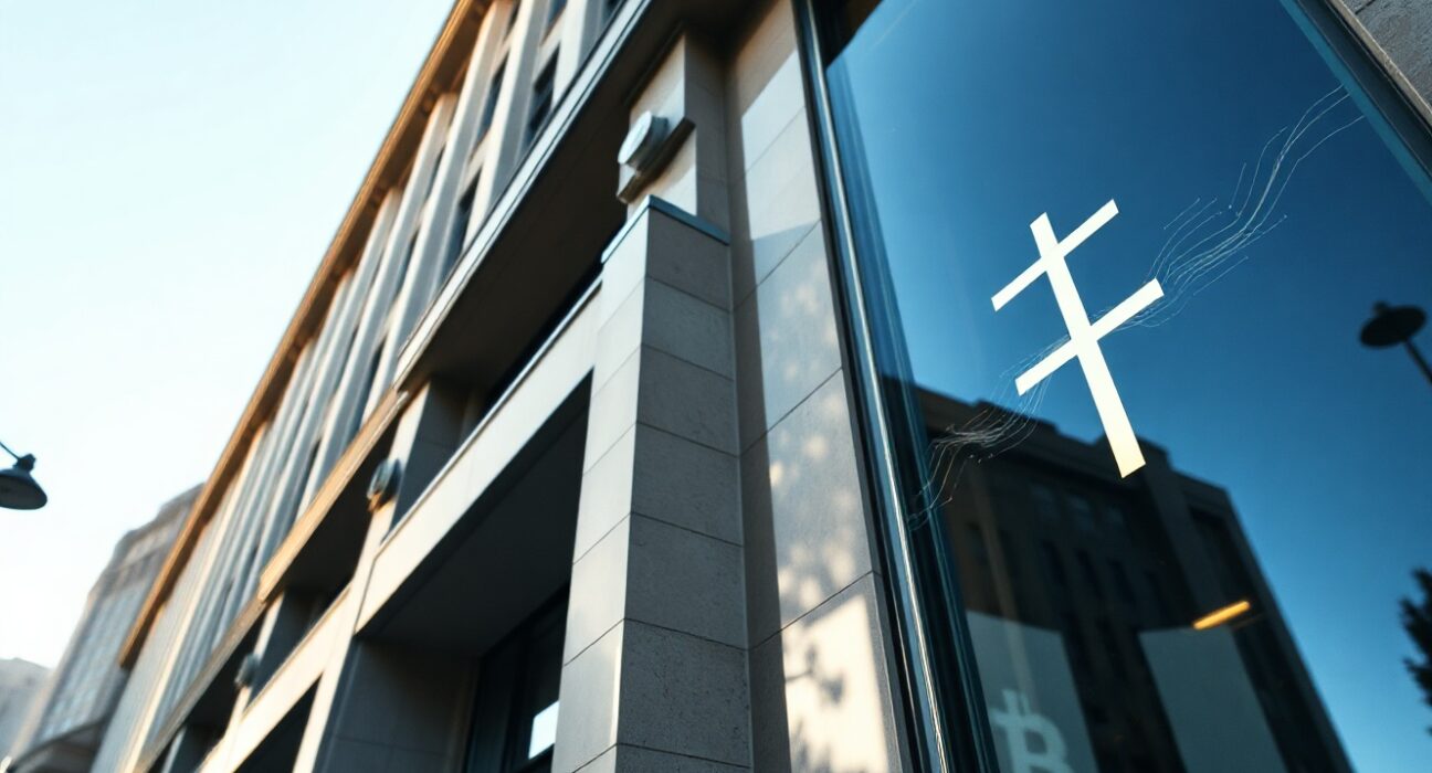 BlackRock building facade with subtle digital Bitcoin overlay representing institutional crypto transfer