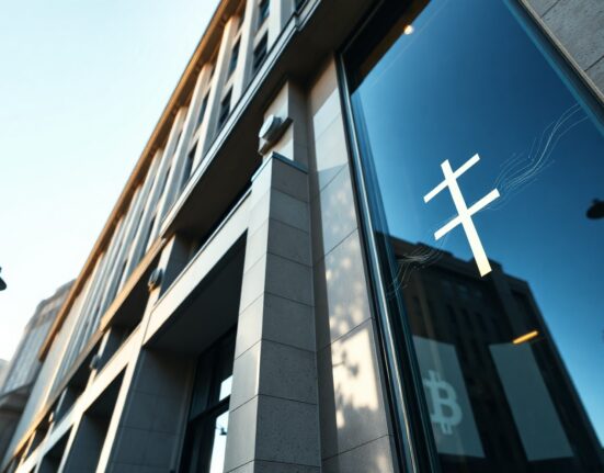 BlackRock building facade with subtle digital Bitcoin overlay representing institutional crypto transfer