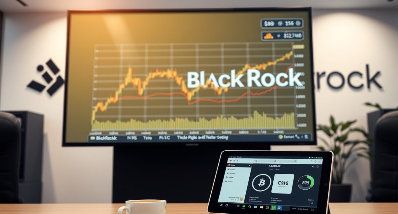 Financial office with Bitcoin price chart on screen and BlackRock branding in background