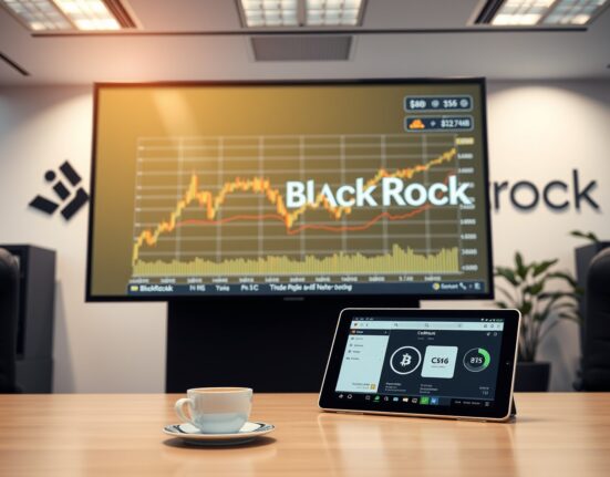 Financial office with Bitcoin price chart on screen and BlackRock branding in background