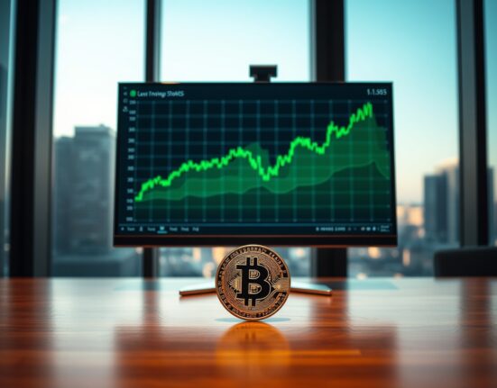 BlackRock Bitcoin withdrawal from Coinbase Prime institutional office scene with Bitcoin chart on monitor