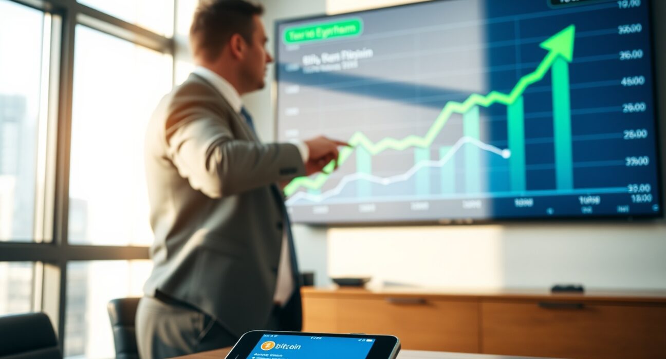 Professional in business attire viewing Bitcoin and Ethereum price chart on large display in modern office