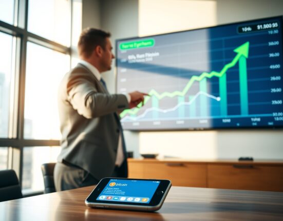 Professional in business attire viewing Bitcoin and Ethereum price chart on large display in modern office