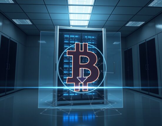 BlackRock Bitcoin withdrawal to secure institutional cold storage depicted through digital vault technology