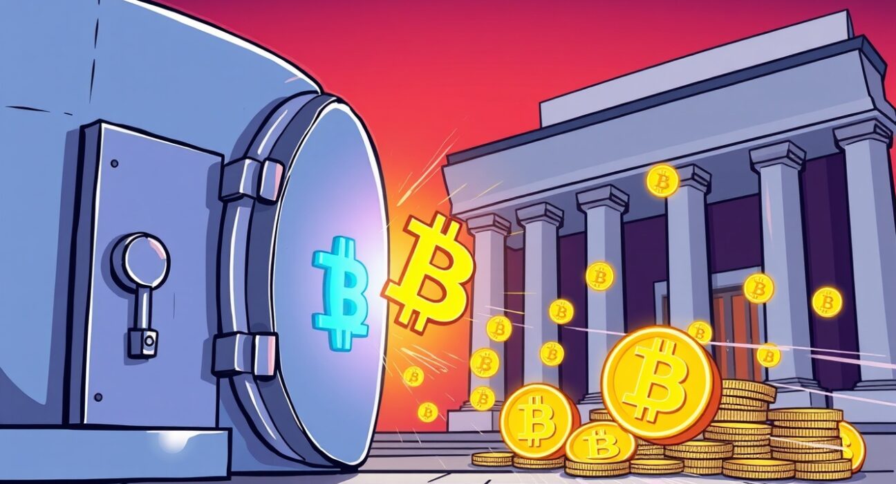 Stunning BlackRock Bitcoin deposit visualized as digital wealth flowing into institutional custody.