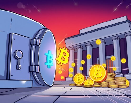 Stunning BlackRock Bitcoin deposit visualized as digital wealth flowing into institutional custody.