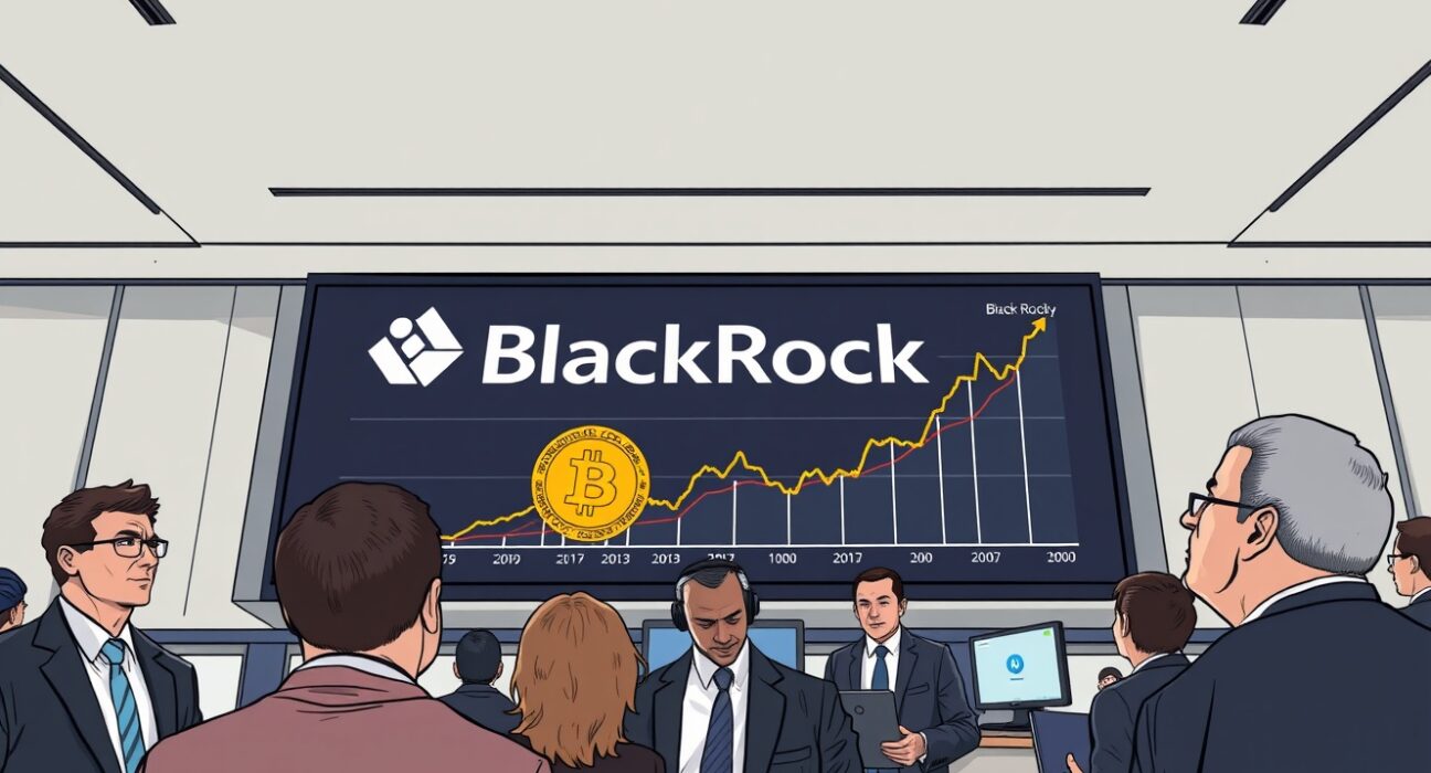 BlackRock Bitcoin ETF IBIT April inflows chart on trading floor screen, highlighting $2.3 billion net inflows and ETF ranking