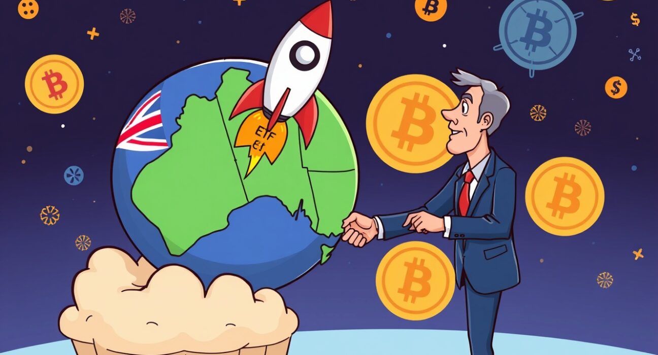 A cartoon illustration showing the excitement around the impending launch of the BlackRock Bitcoin ETF Australia, symbolizing new investment opportunities.