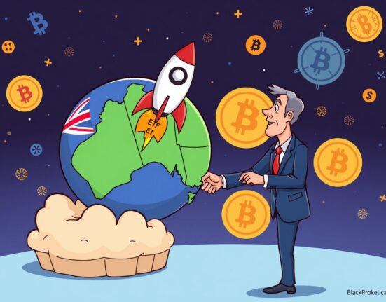 A cartoon illustration showing the excitement around the impending launch of the BlackRock Bitcoin ETF Australia, symbolizing new investment opportunities.