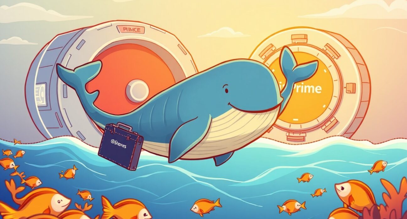 A cartoon illustration of BlackRock's Bitcoin ETF as a large whale moving assets to a secure institutional vault.