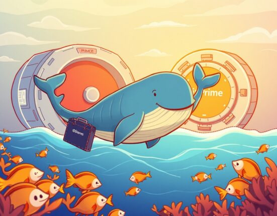 A cartoon illustration of BlackRock's Bitcoin ETF as a large whale moving assets to a secure institutional vault.