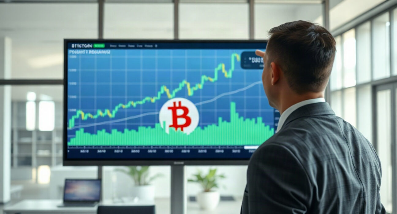 Analyst reviewing Bitcoin ETF price chart on digital screen