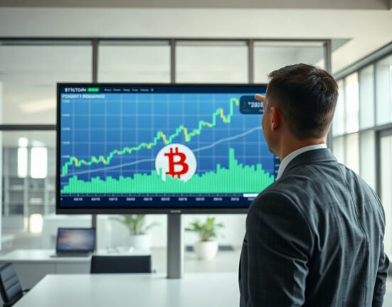 Analyst reviewing Bitcoin ETF price chart on digital screen