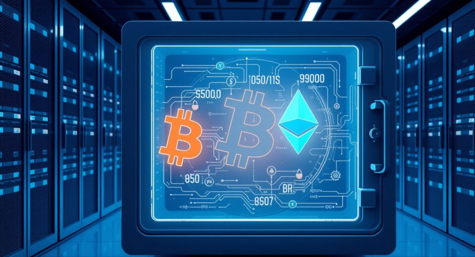 BlackRock's institutional cryptocurrency deposit to Coinbase Prime visualized through secure digital finance technology.
