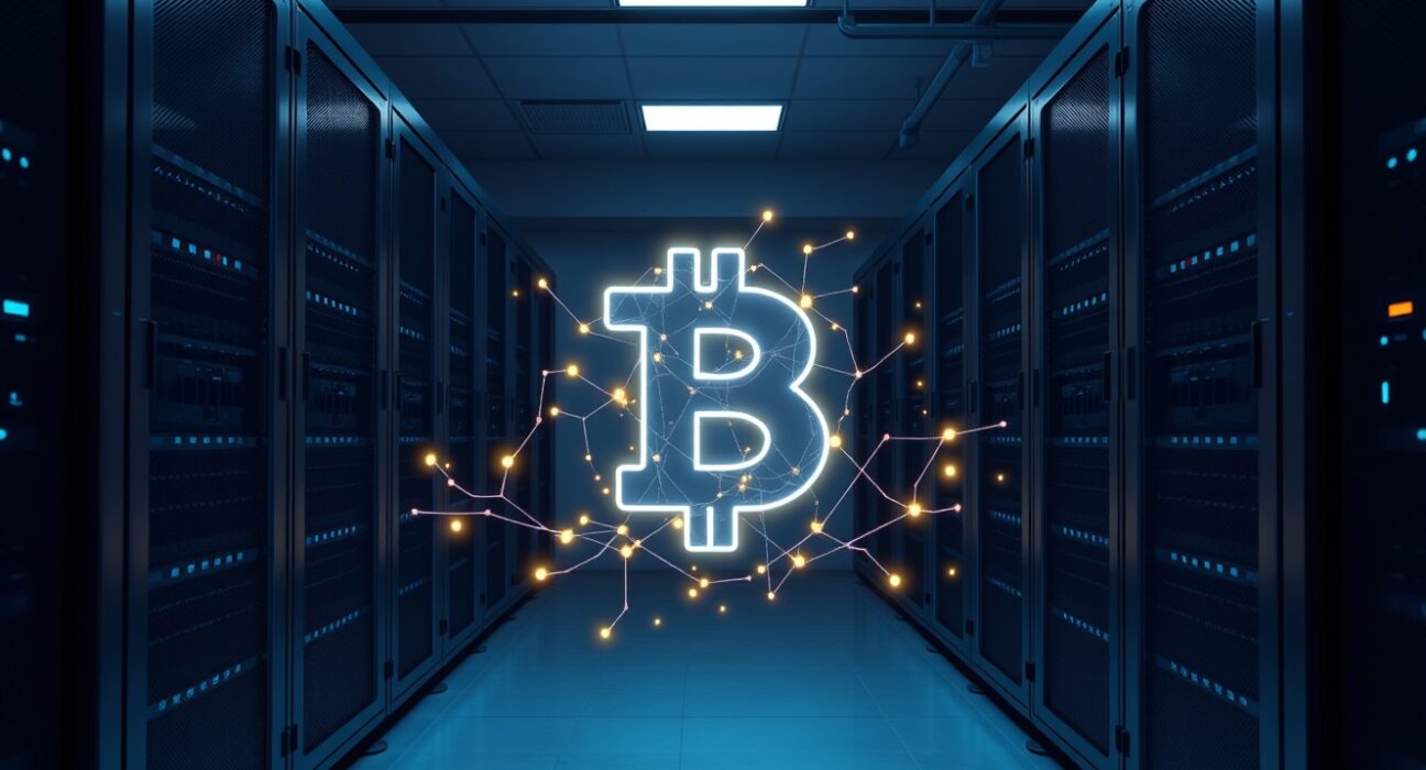 BlackRock's institutional cryptocurrency transfer visualized as secure blockchain data flow in a professional setting.