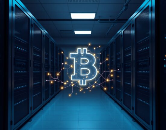 BlackRock's institutional cryptocurrency transfer visualized as secure blockchain data flow in a professional setting.