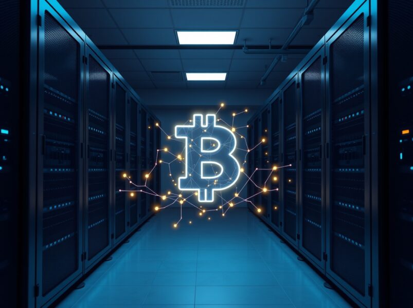 BlackRock's institutional cryptocurrency transfer visualized as secure blockchain data flow in a professional setting.