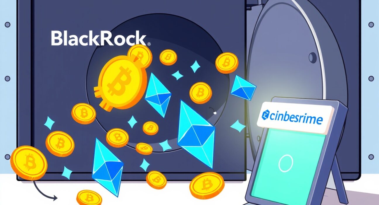 BlackRock Bitcoin Ethereum transfer visualized as a large vault moving digital assets to an exchange.