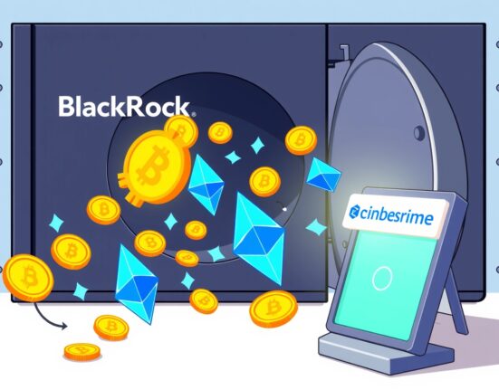 BlackRock Bitcoin Ethereum transfer visualized as a large vault moving digital assets to an exchange.
