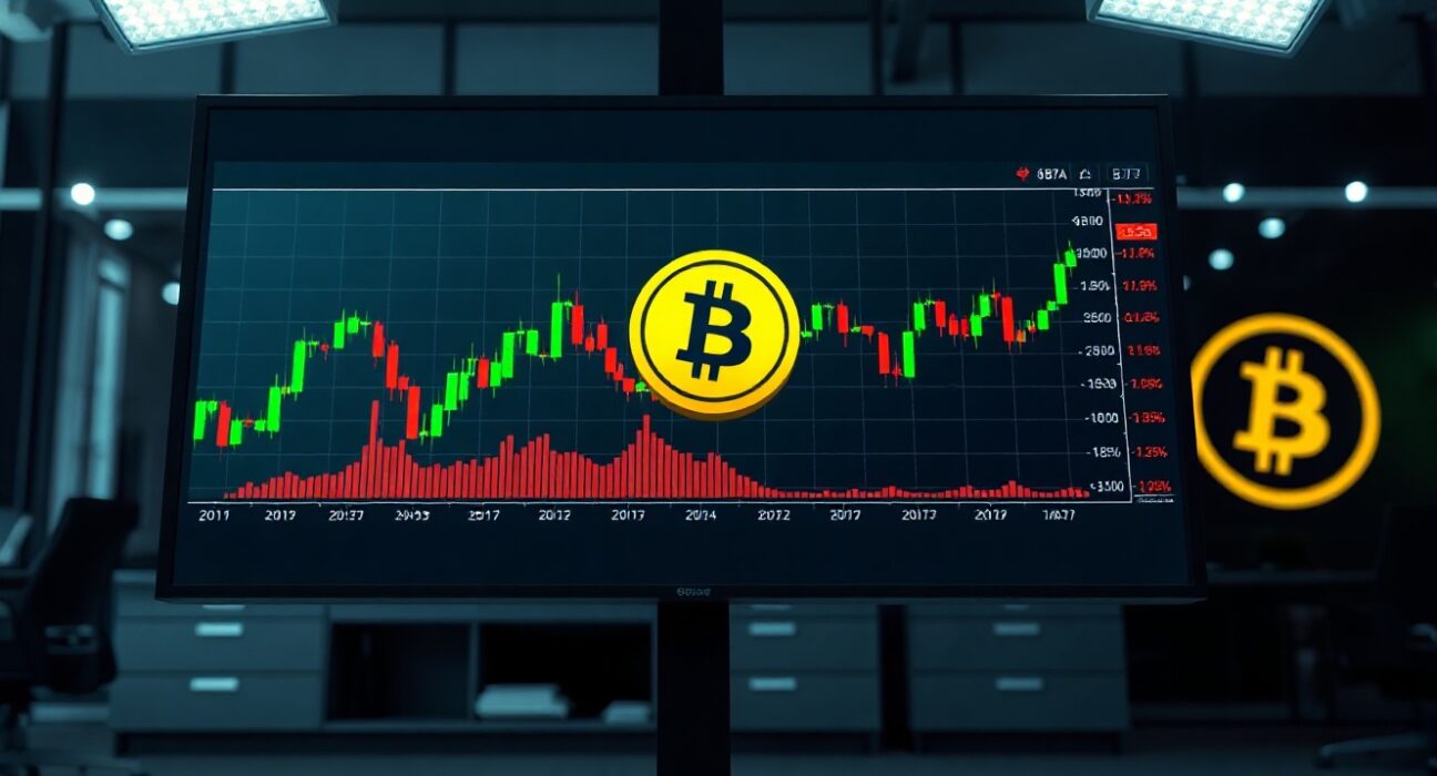 Financial news studio screen displaying BITA ETF performance charts and Bitcoin data.