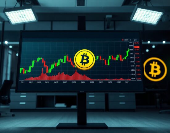 Financial news studio screen displaying BITA ETF performance charts and Bitcoin data.