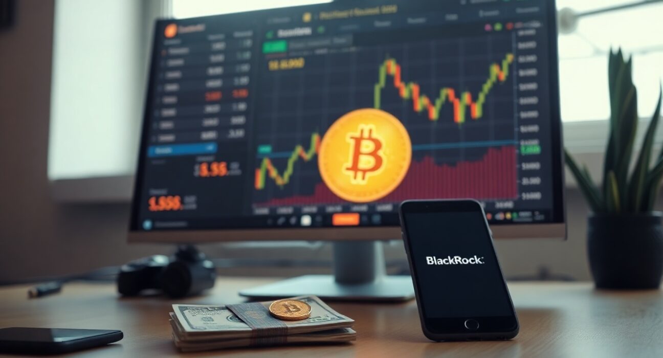 BlackRock Bitcoin Income ETF launch concept with Bitcoin chart and cash on desk