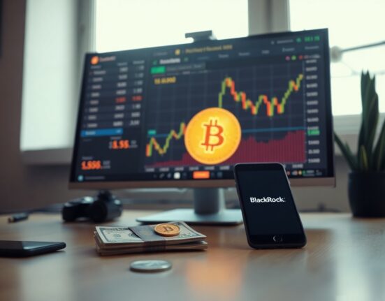 BlackRock Bitcoin Income ETF launch concept with Bitcoin chart and cash on desk