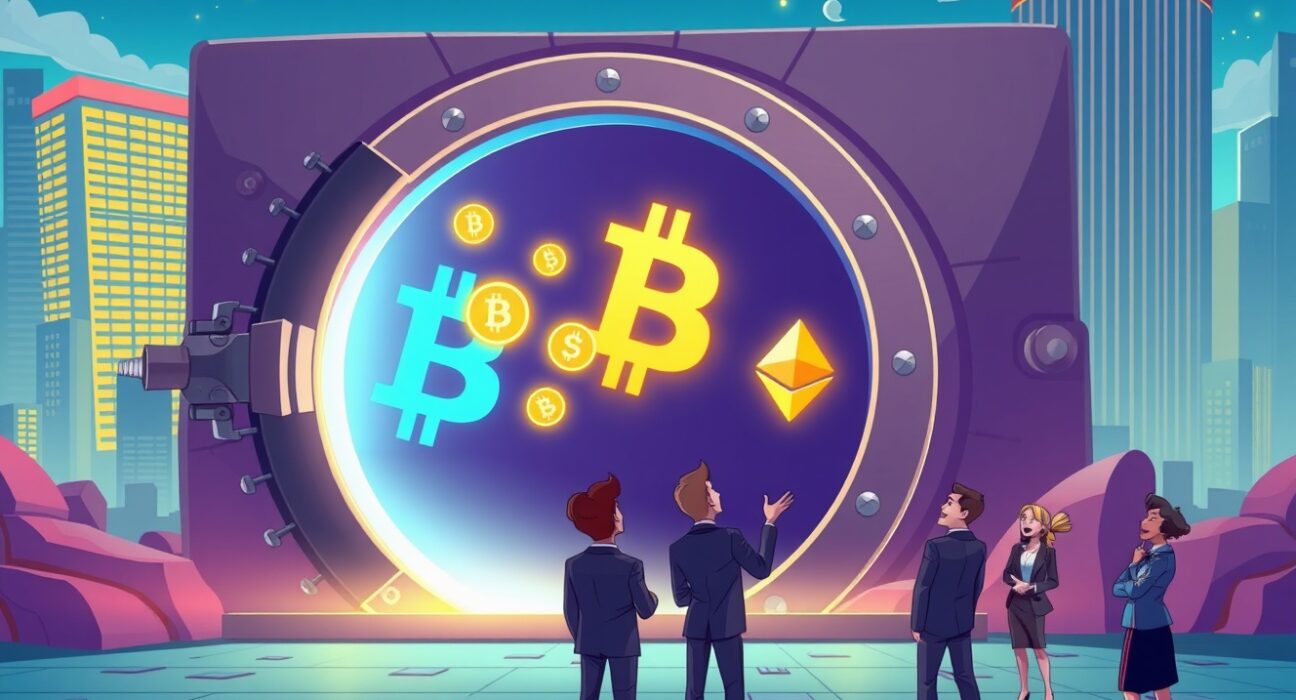 Strategic Bitcoin investment shown through vault door opening with glowing cryptocurrency symbols flowing out