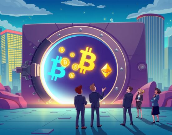 Strategic Bitcoin investment shown through vault door opening with glowing cryptocurrency symbols flowing out