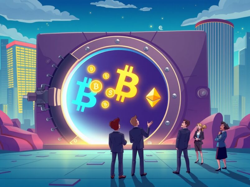 Strategic Bitcoin investment shown through vault door opening with glowing cryptocurrency symbols flowing out