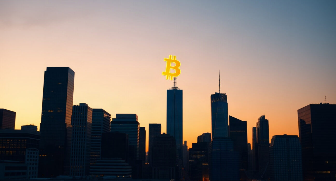 Bitcoin symbol glowing over a modern financial district skyline at dusk, symbolizing its growing macro appeal.