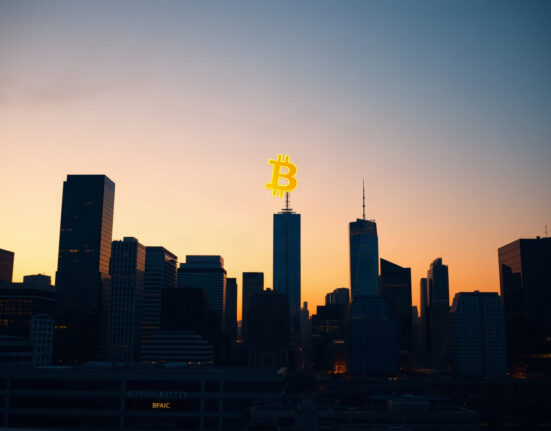 Bitcoin symbol glowing over a modern financial district skyline at dusk, symbolizing its growing macro appeal.