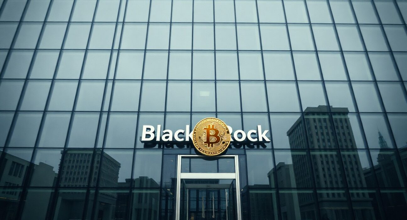 BlackRock office building exterior with subtle Bitcoin theme representing institutional crypto adoption