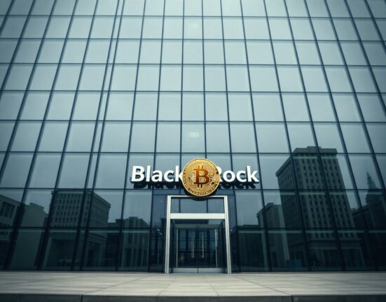BlackRock office building exterior with subtle Bitcoin theme representing institutional crypto adoption
