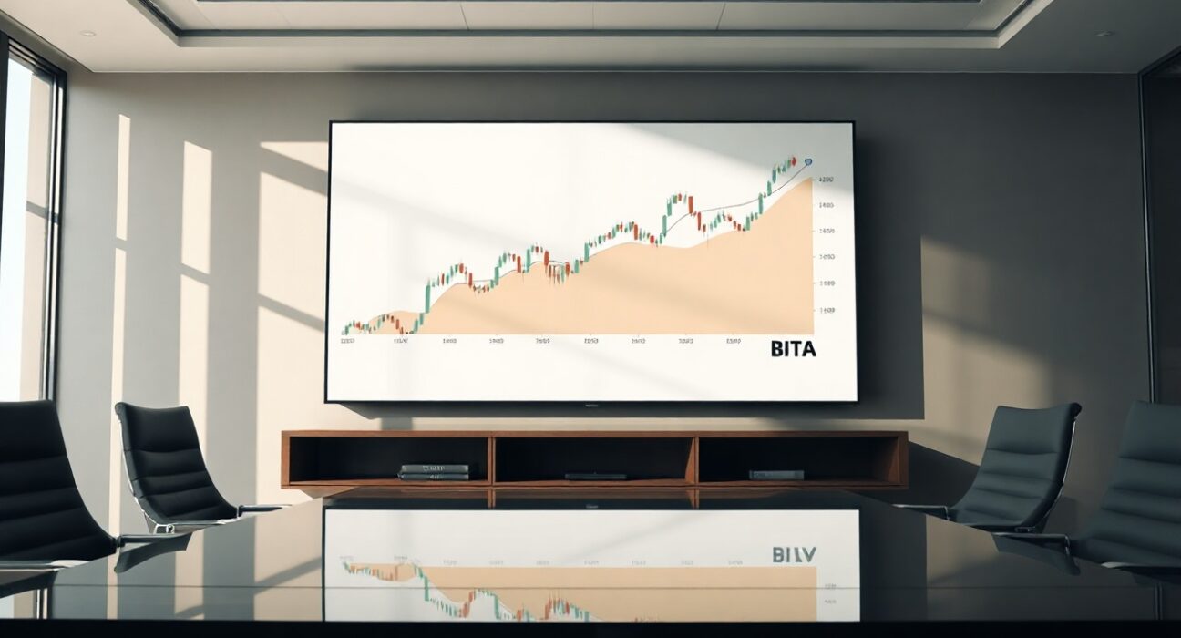 Modern financial boardroom with digital screen displaying Bitcoin chart and BITA ETF branding.