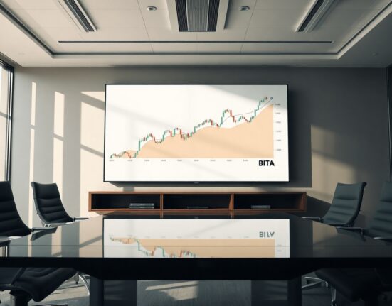Modern financial boardroom with digital screen displaying Bitcoin chart and BITA ETF branding.