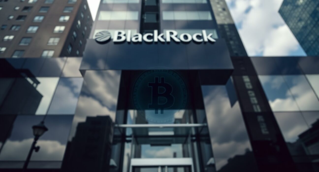 BlackRock headquarters building exterior with subtle Bitcoin reflection in glass facade, New York City