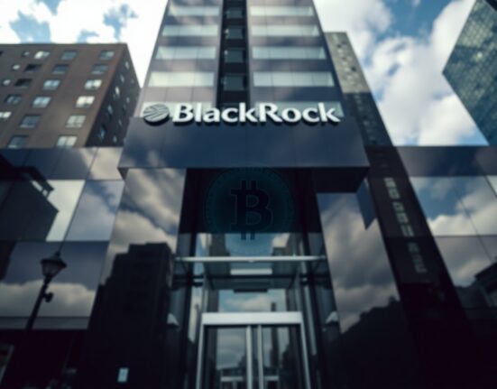 BlackRock headquarters building exterior with subtle Bitcoin reflection in glass facade, New York City