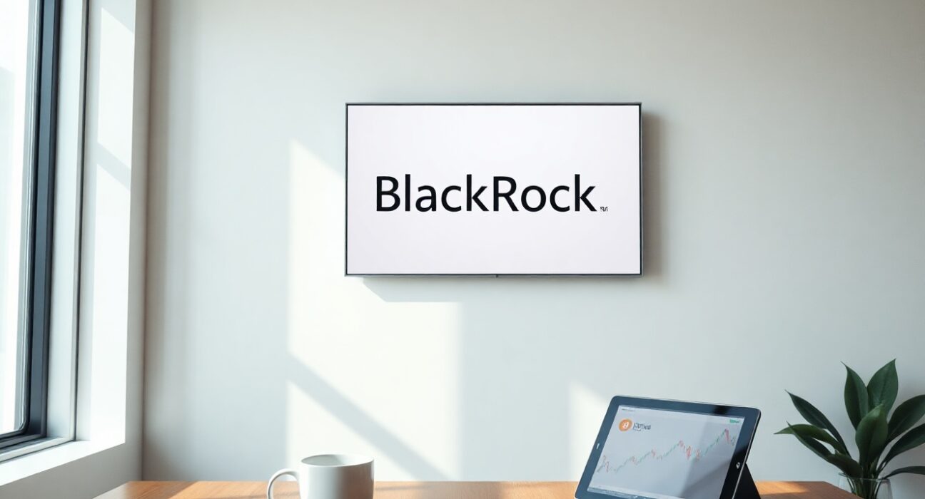 BlackRock iShares Bitcoin ETF screen in modern office setting