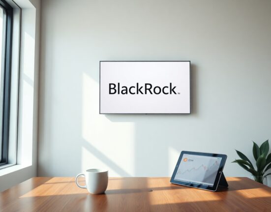 BlackRock iShares Bitcoin ETF screen in modern office setting