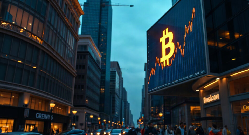 BlackRock Bitcoin purchase news image showing a digital billboard with Bitcoin symbol and chart in a financial district
