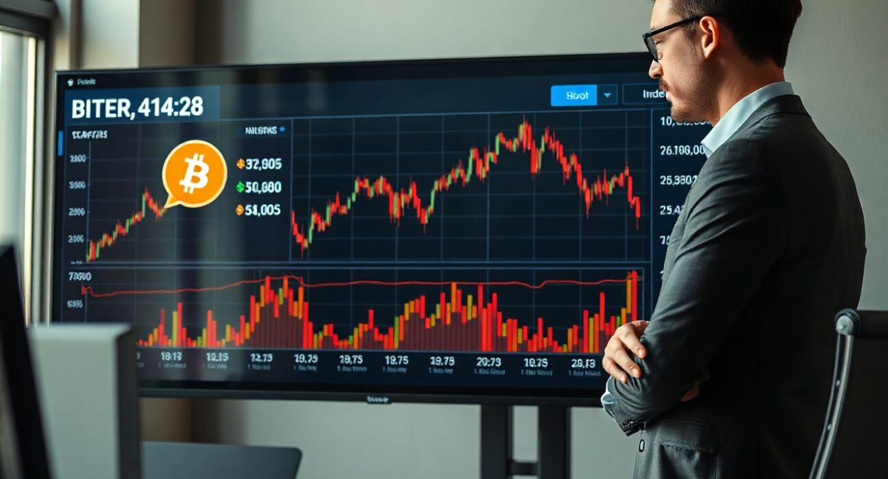 Financial analyst reviewing Bitcoin and stock market charts on a screen