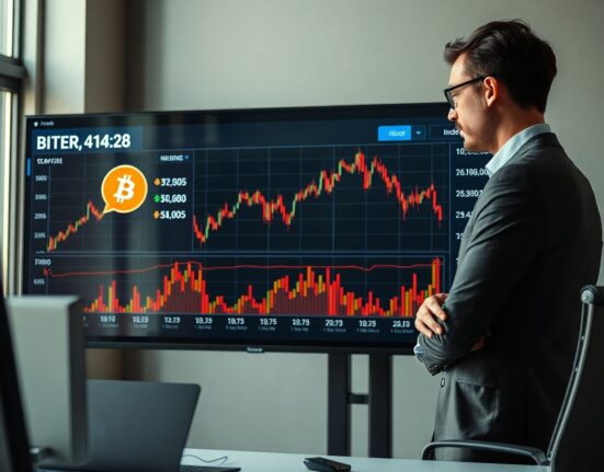 Financial analyst reviewing Bitcoin and stock market charts on a screen