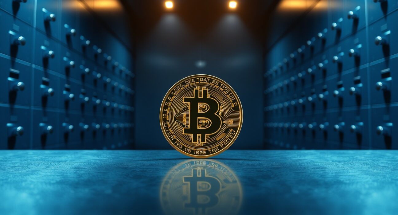 A single Bitcoin coin on a table inside a dimly lit bank vault, representing institutional custody.