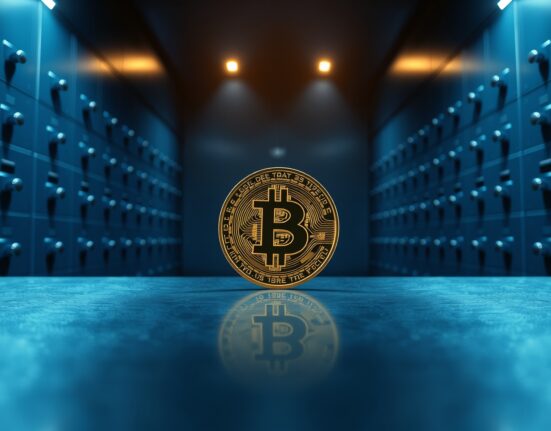 A single Bitcoin coin on a table inside a dimly lit bank vault, representing institutional custody.