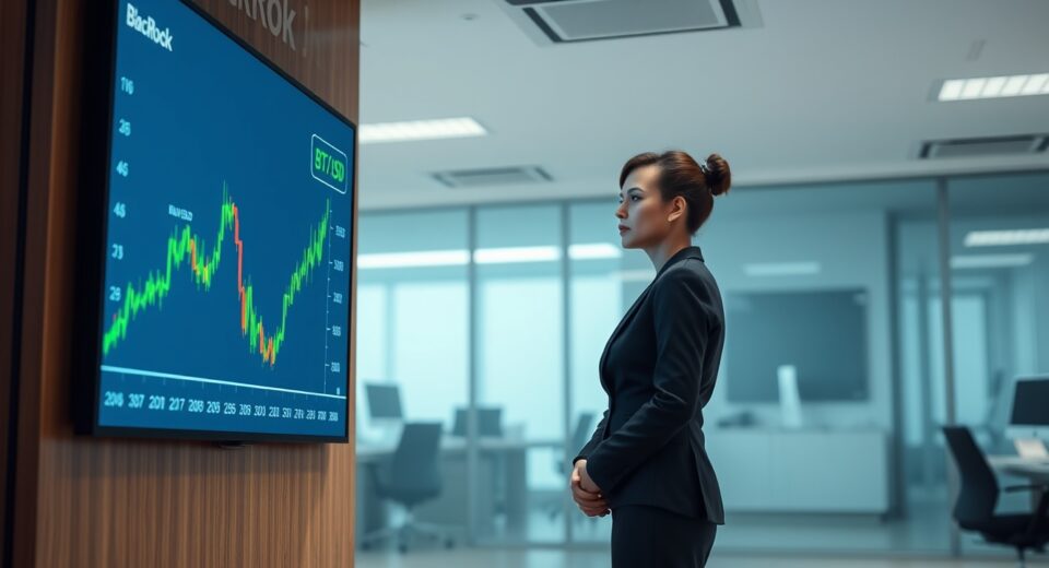 Professional woman observing Bitcoin price chart on office display, representing BlackRock's institutional crypto activity.